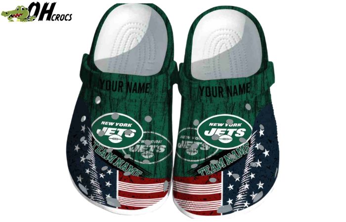 Football Crocs - Personalized Ny Jets American Flag Breaking Wall Clog Shoes
